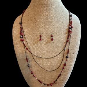 Garnet Red Long Triple Layered Beaded Necklace & Earring Set